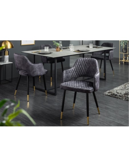 Chaise élégante PARIS gris velours surpiqûres et pieds dorés