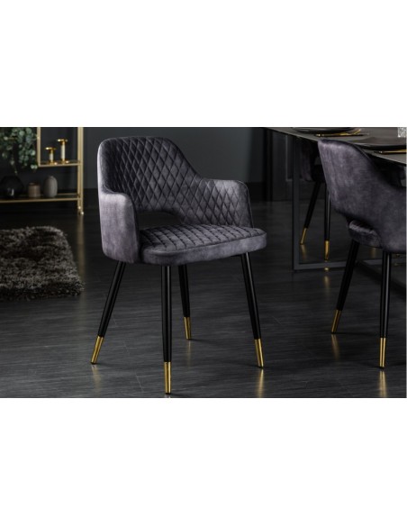 Chaise élégante PARIS gris velours surpiqûres et pieds dorés