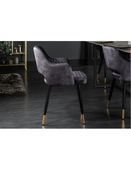 Chaise élégante PARIS gris velours surpiqûres et pieds dorés