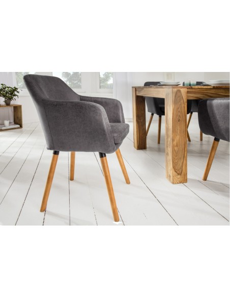 Chaise design à accoudoirs SUPREME gris vintage avec pieds en bois massif