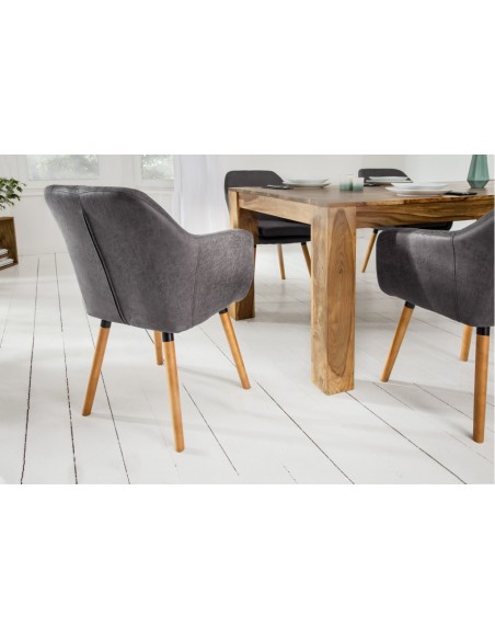 Chaise design à accoudoirs SUPREME gris vintage avec pieds en bois massif
