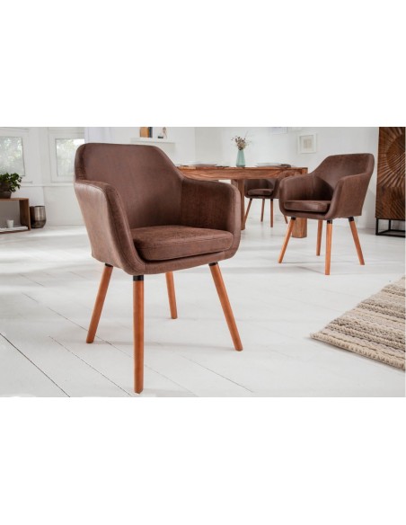 Chaise design à accoudoirs SUPREME marron vintage avec pieds en bois massif