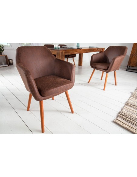 Chaise design à accoudoirs SUPREME marron vintage avec pieds en bois massif