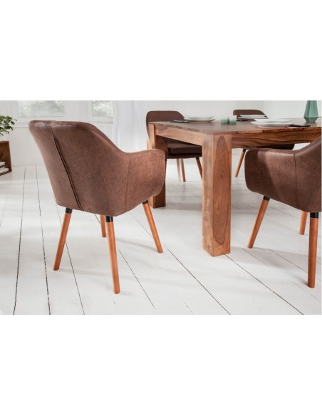 Chaise design à accoudoirs SUPREME marron vintage avec pieds en bois massif