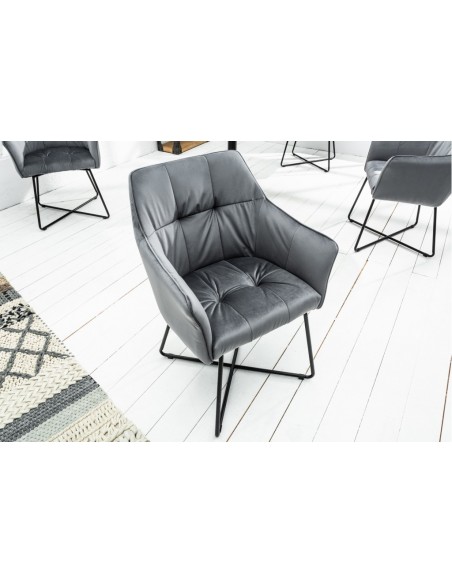 Chaise design exclusive LOFT gris argent? velours avec accoudoirs
