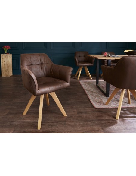 Chaise design LOFT marron antique pieds en hêtre avec accoudoirs