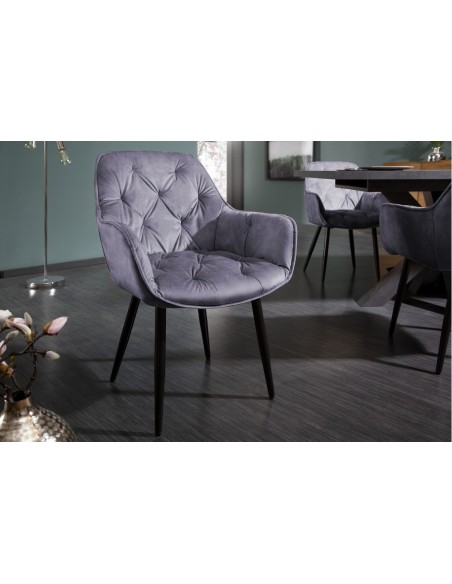 Chaise design MILANO gris velours avec surpiqûres Chesterfield