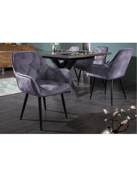 Chaise design MILANO gris velours avec surpiqûres Chesterfield