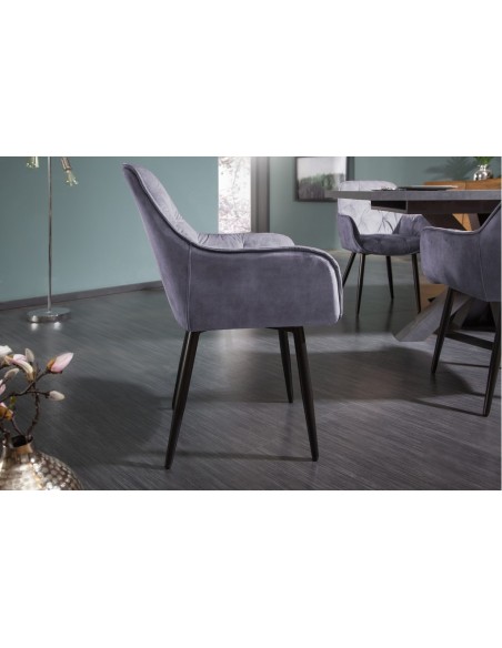 Chaise design MILANO gris velours avec surpiqûres Chesterfield