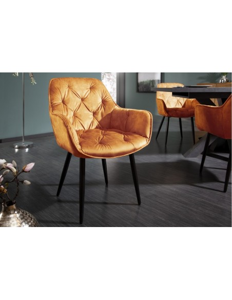Chaise design MILANO jaune moutarde velours avec surpiqûres Chesterfield