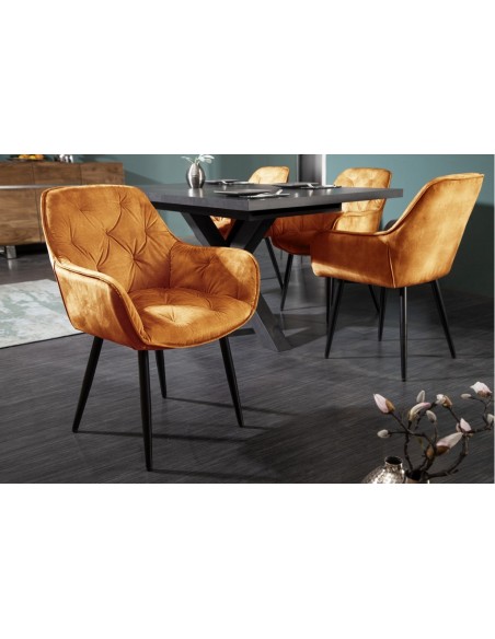 Chaise design MILANO jaune moutarde velours avec surpiqûres Chesterfield