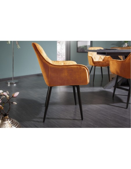 Chaise design MILANO jaune moutarde velours avec surpiqûres Chesterfield
