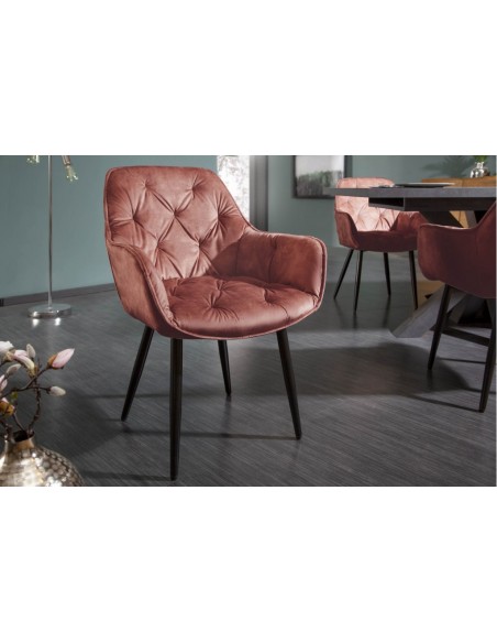 Chaise design MILANO marron velours avec surpiqûres Chesterfield