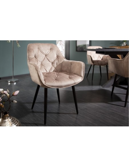 Chaise design MILANO velours champagne avec surpiqûres Chesterfield
