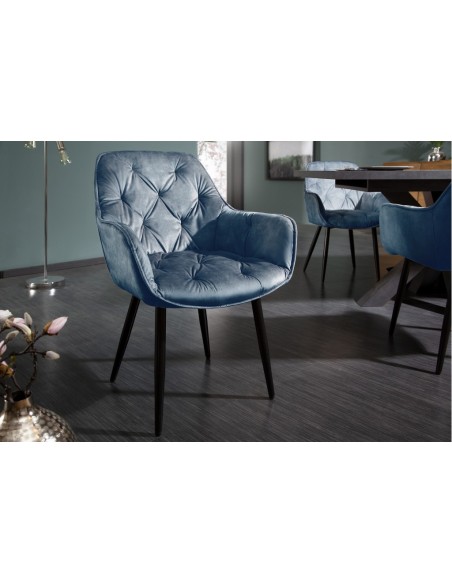 Chaise design MILANO velours p?trole avec surpiqûres Chesterfield