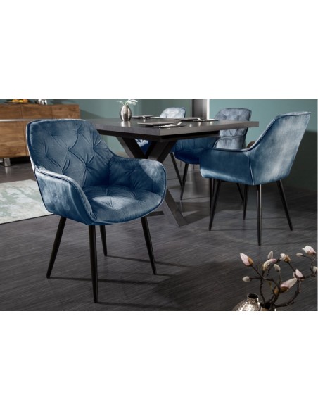 Chaise design MILANO velours p?trole avec surpiqûres Chesterfield