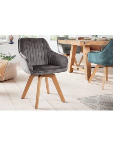 Chaise design pivotante LIVORNO gris velours pieds en hêtre