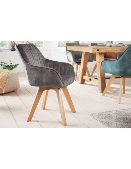Chaise design pivotante LIVORNO gris velours pieds en hêtre