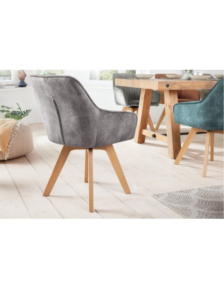Chaise design pivotante LIVORNO gris velours pieds en hêtre