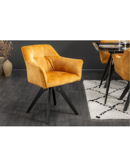 Chaise design pivotante LOFT jaune moutarde velours style rétro avec surpiqûres décoratives