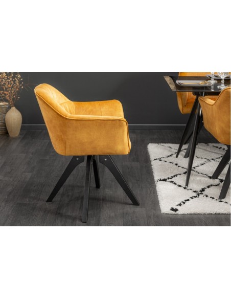 Chaise design pivotante LOFT jaune moutarde velours style rétro avec surpiqûres décoratives