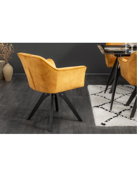 Chaise design pivotante LOFT jaune moutarde velours style rétro avec surpiqûres décoratives