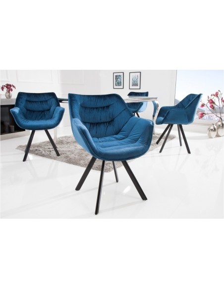 Chaise design THE DUTCH COMFORT bleu velours style rétro avec accoudoirs