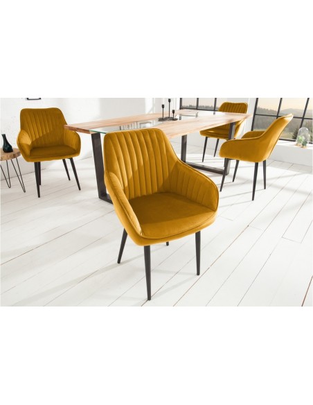 Chaise noble avec accoudoirs TURIN jaune moutarde Velours avec surpiqûres