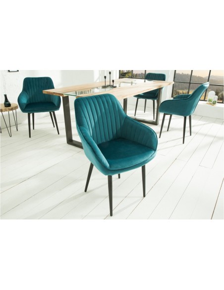 Chaise noble avec accoudoirs TURIN turquoise velours avec surpiqûres