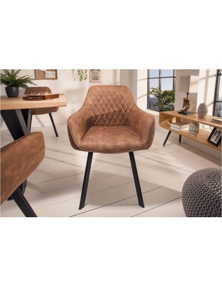 Chaise rétro PALERMO vintage marron clair avec accoudoirs et surpiqûres décoratives
