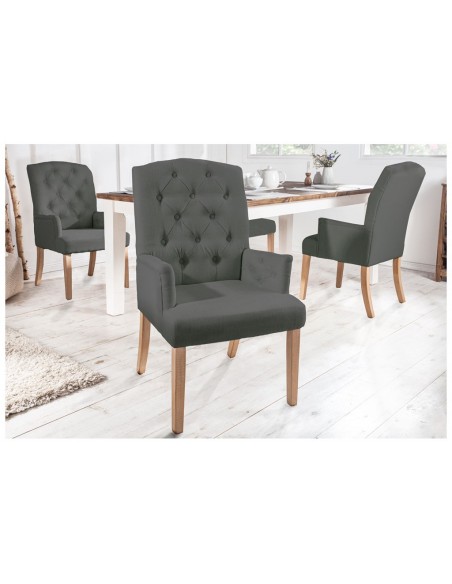 Elégante chaise à accoudoirs CASTLE grise avec surpiqûres Chesterfield de style campagnard