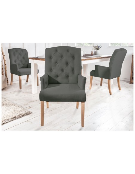 Elégante chaise à accoudoirs CASTLE grise avec surpiqûres Chesterfield de style campagnard