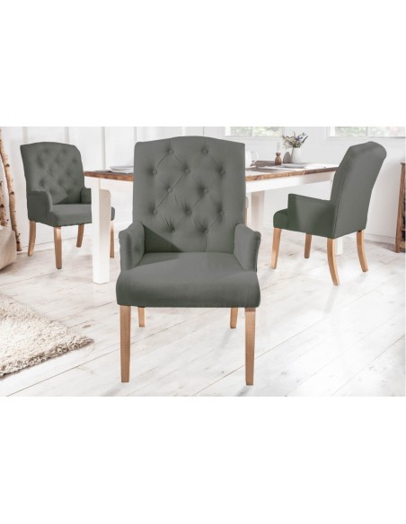 Elégante chaise à accoudoirs CASTLE gris-vert avec surpiqûres Chesterfield de style campagnard