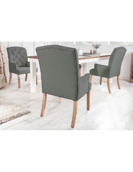 Elégante chaise à accoudoirs CASTLE gris-vert avec surpiqûres Chesterfield de style campagnard