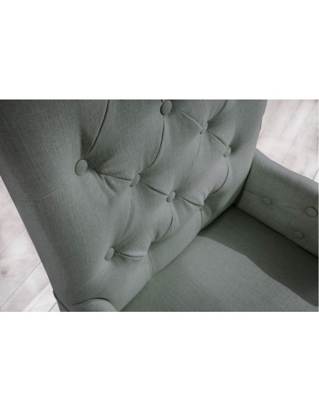 Elégante chaise à accoudoirs CASTLE gris-vert avec surpiqûres Chesterfield de style campagnard