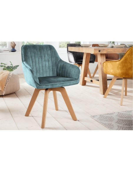Chaise design pivotante LIVORNO p?trole velours pieds en hêtre