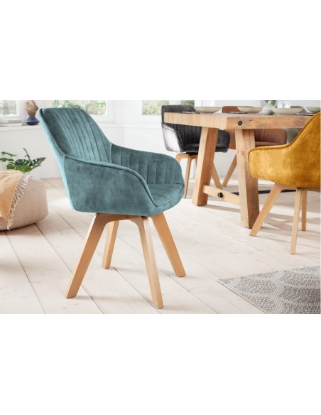 Chaise design pivotante LIVORNO p?trole velours pieds en hêtre