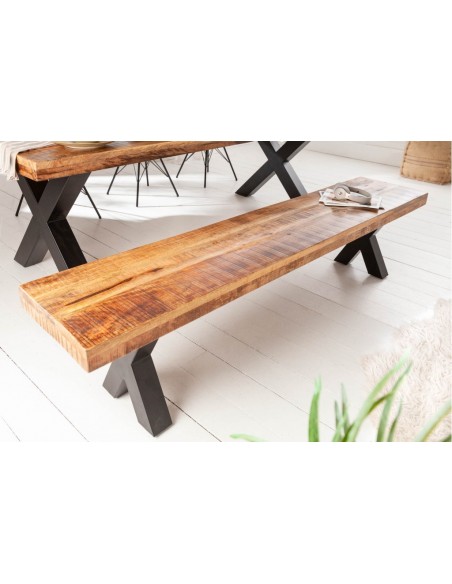 Banc industriel IRON CRAFT 200cm bois de mangue avec pieds en X