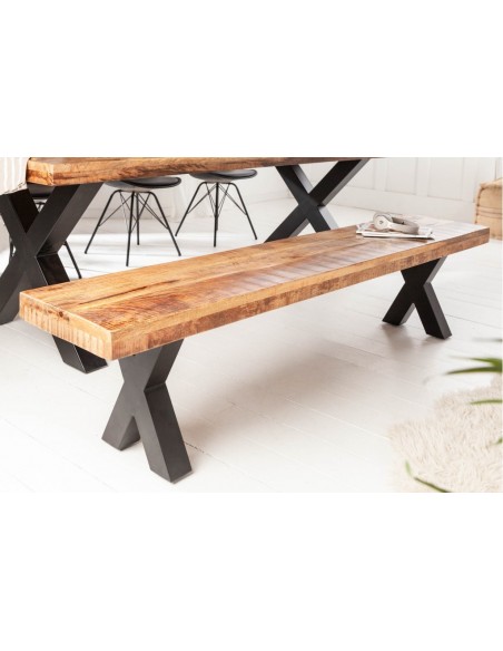 Banc industriel IRON CRAFT 200cm bois de mangue avec pieds en X