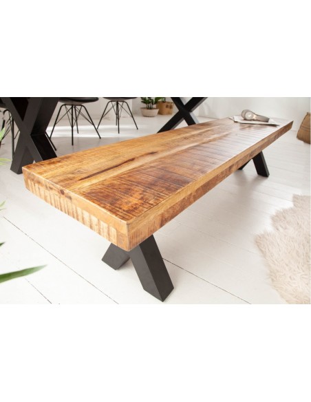 Banc industriel IRON CRAFT 200cm bois de mangue avec pieds en X