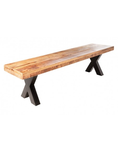 Banc industriel IRON CRAFT 200cm bois de mangue avec pieds en X