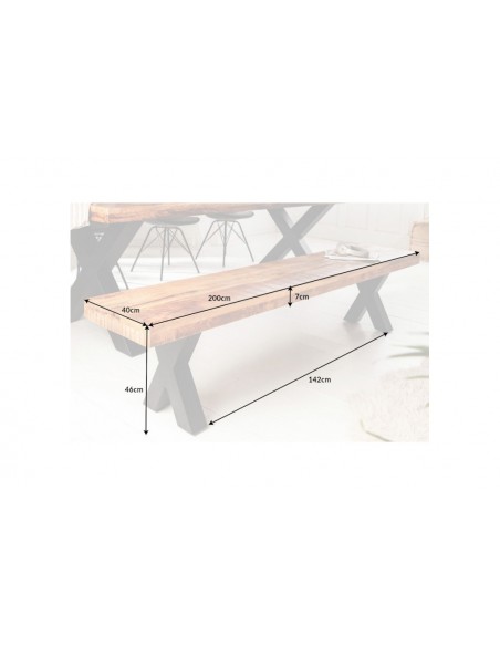 Banc industriel IRON CRAFT 200cm bois de mangue avec pieds en X