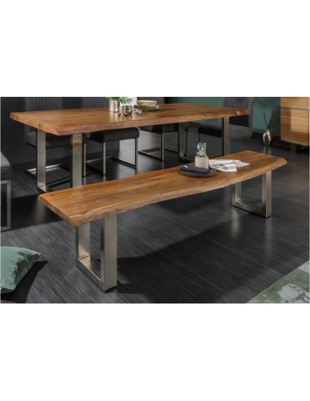 Banc massif en tronc d'arbre MAMMUT NATURE 200cm Acacia Industrial Chic Banc avec piétement à patins