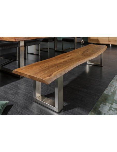 Banc massif en tronc d'arbre MAMMUT NATURE 200cm Acacia Industrial Chic Banc avec piétement à patins