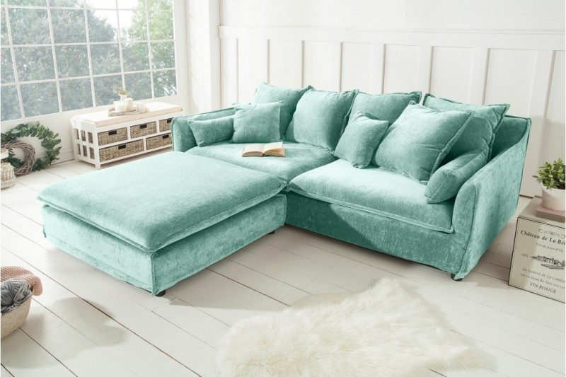 Grand POUF 100cm velours aqua style cottage