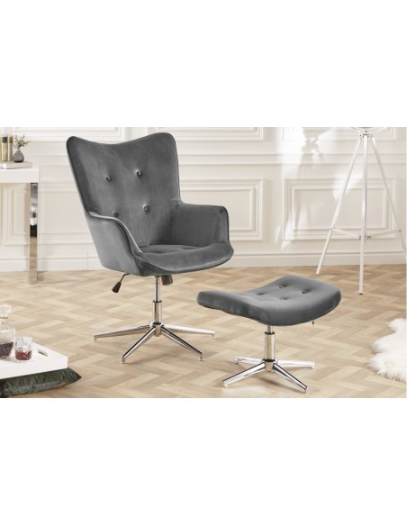 élégante tabouret gris velours avec piétement chromé