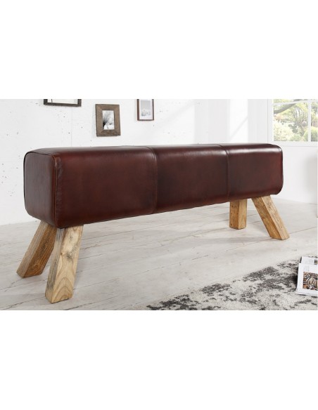 Banc rétro 120cm avec revêtement en cuir véritable pied en bois de manguier