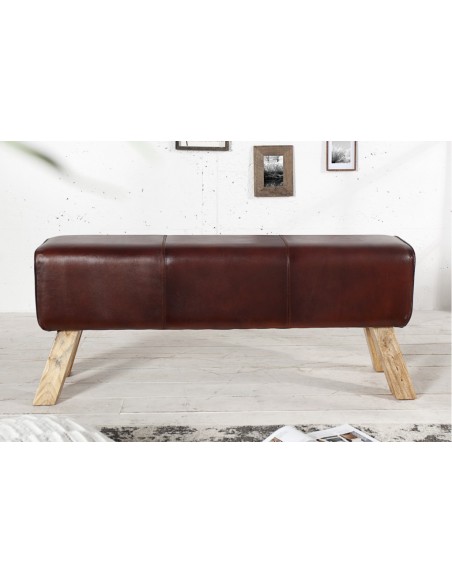 Banc rétro 120cm avec revêtement en cuir véritable pied en bois de manguier