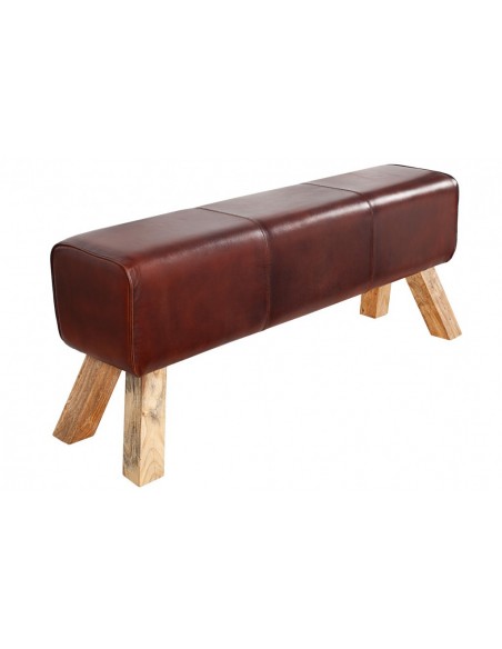 Banc rétro 120cm avec revêtement en cuir véritable pied en bois de manguier